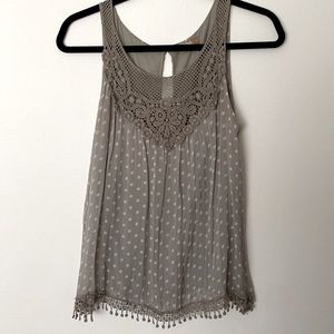 Carla Conti tan polka dot silk tank top with cotton lining and fringe